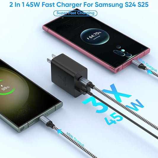 Extra Long 10Foot 45W Samsung USB C Fast Charger Block Dual Port PD Power Adapter Fast Charging Block,2Pack 10FT Type C Super Quick Charging Cord for Samsung Galaxy S25 Ultra/S25/S24/S23/S22 and More
