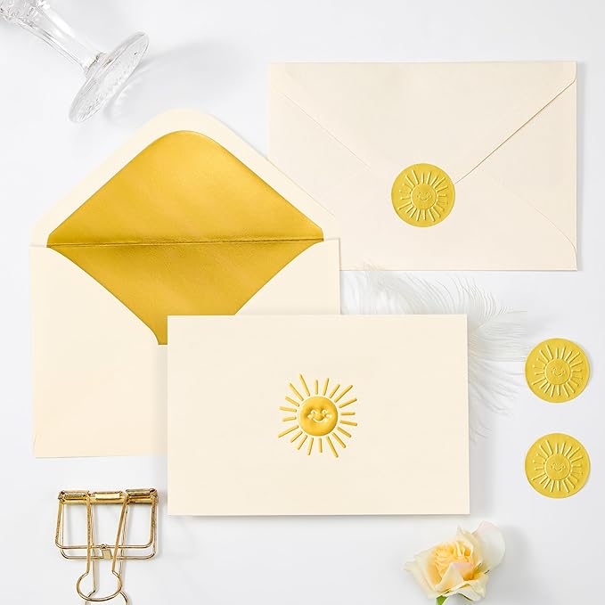 Crisky 50 Pack Smile Boho Sun Blank Cards and Envelopes 4x6, Embossed Gold Foil Blank Greeting Cards Bulk for Wedding, Bridal Shower, Baby Shower, Birthday Party Decoration Favors