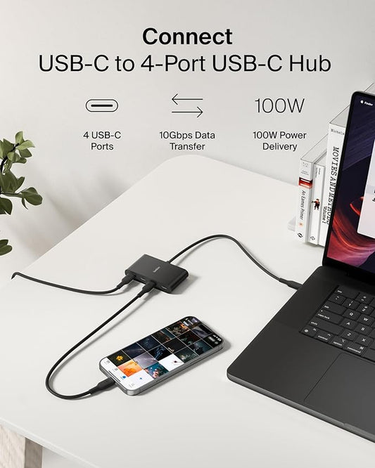 Belkin Connect USB-C to 4-Port Hub, Multiport Adapter with 4 USB-C 3.2 Gen2 Ports & 100W PD with Max 10Gbps High Speed Data Transfer for MacBook, iPad, Chromebook, PC, and More, Blac