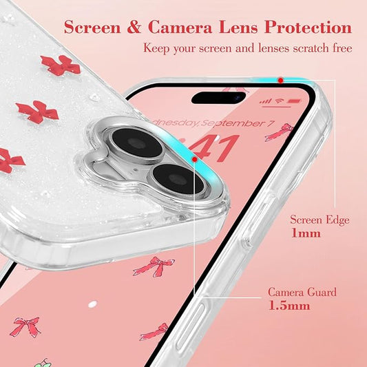 EYZUTAK Case for iPhone 17, Bling Glitter 3D Bowknot Phone Case Cute Sparkly Crystal Clear Bow Aesthetic Design Cover Slim Soft Durable TPU Transparent Protective Cover for Women Girl - Red Bow