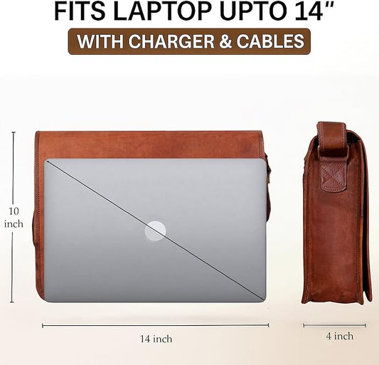 RUSTIC TOWN 14" Leather Messenger Bag for Men & Women – Full Grain Vintage Crossbody Satchel – Fits 13.3"/14" Laptop – Ideal Briefcase for Work, Travel & College – Adjustable Shoulder Strap