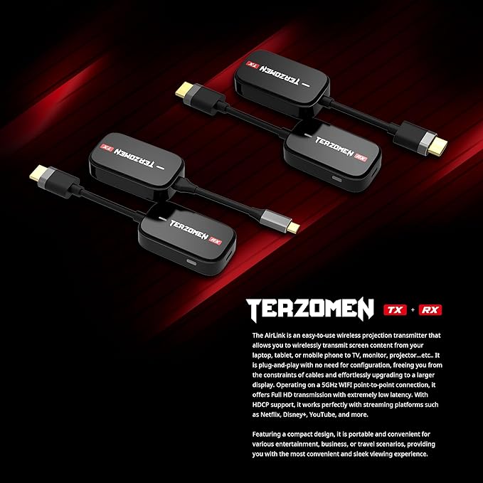 Wireless HDMI Transmitter and Receiver, Wireless Extender for Streaming Video/Audio to TV/Monitor/Projector from PC/Camera/Laptop, AirLink Dongle, to HDMI Display Adapter