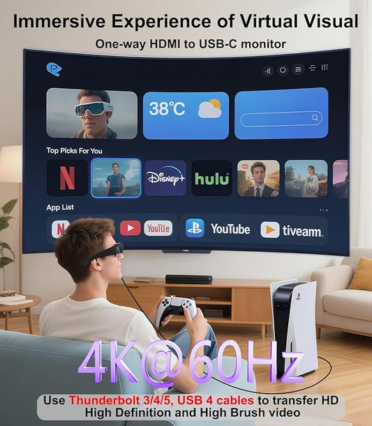 HDMI to USB C Adapter 4K60Hz, Unidirectional HDMI Male (Source) to USB C Female (Display) for Portable Monitor, AR Glasses XREAL One/Air 2 Pro/VITURE Pro/Rokid, PS4/5, Xbox, Switch, ROG Ally