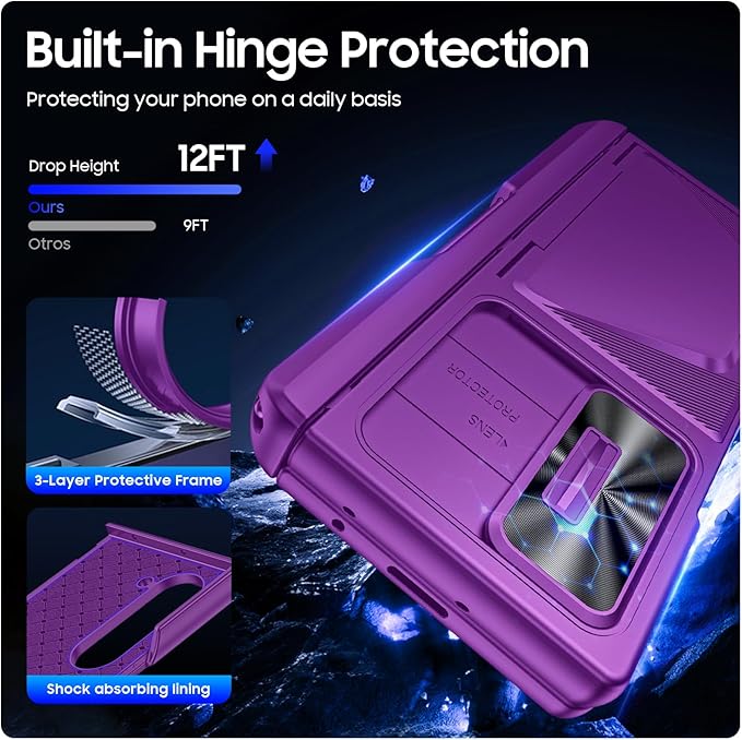 for Samsung Galaxy Z Fold 6 Case with Card Holder, Built in RFID Blocking& S Pen Holder& Slide Camera Cover& Hinge Protection& Full-Body Rugged Shockproof Wallet Case for Galaxy Z fold 6, Purple