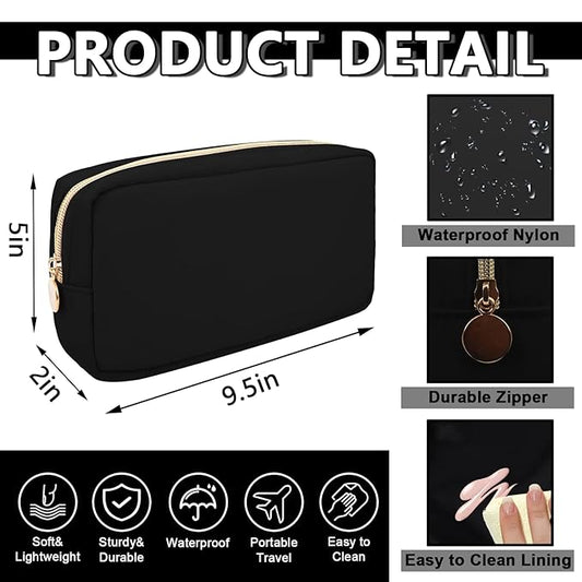 Waterproof Small Makeup Pouch for Purse,Nylon Travel Toiletry Storage Pouch Cute Preppy Cosmetic Bag for Women Girl,Waterproof Makeup Organizer Skincare Bag Purse with Zipper(Small-Black)