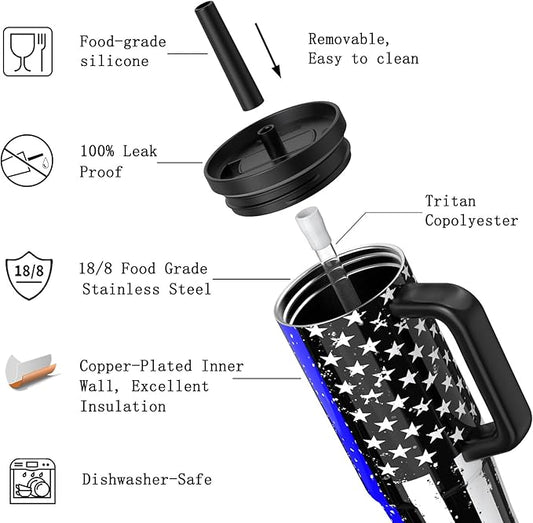 TILUCK 30 oz Tumbler with Handle, Vacuum Insulated Stainless Steel Travel Mug with 100% Leak-Proof Silicone Straw Lid, Cupholder Friendly Water Bottle(BlackFlag, 30oz)