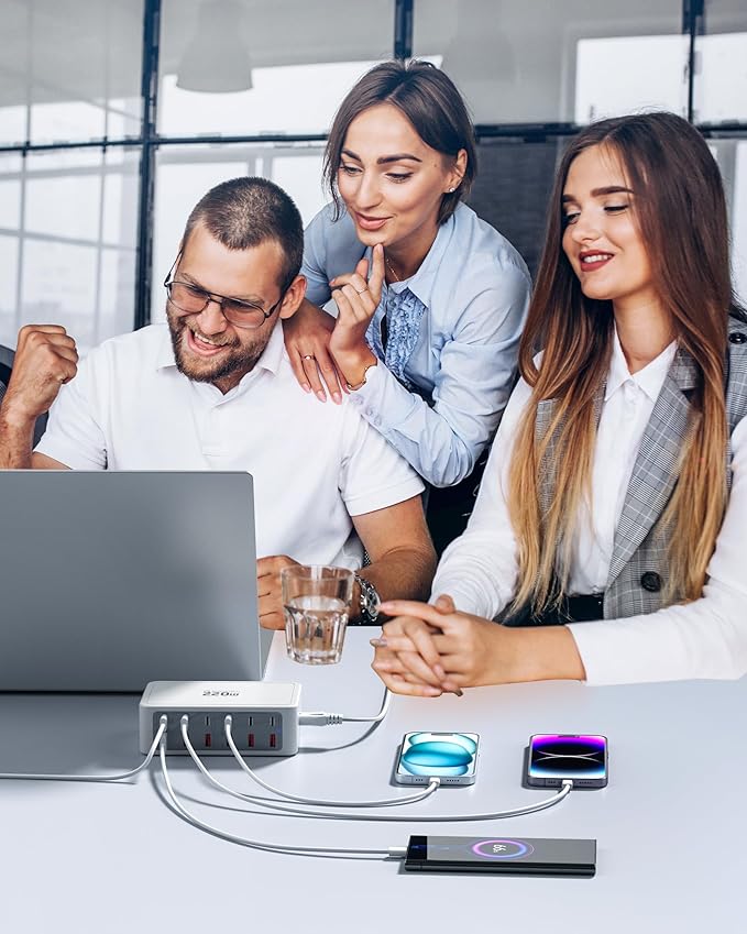 12-Ports Multiple USB C Fast Charging Station, 220W GaN Charger Hub with European Travel Plug, PD 65W Laptop Charger for MacBook iPad iPhone Google Pixelbook Dell XPS Galaxy Steam Deck - White