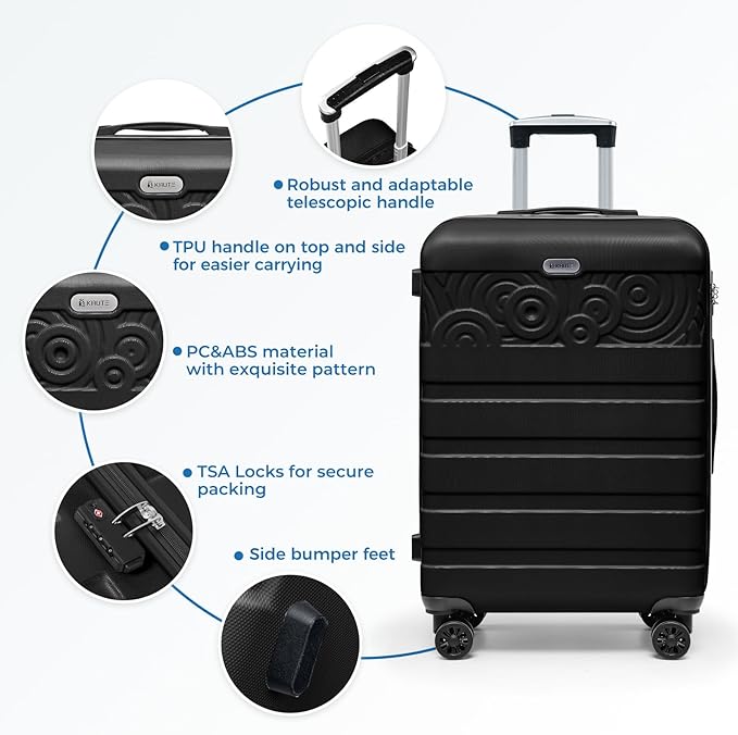 Krute Luggage 24 Inch Suitcases with Wheels Checked Lightweight PC ABS TSA Lock Hard Side Travel Suitcase