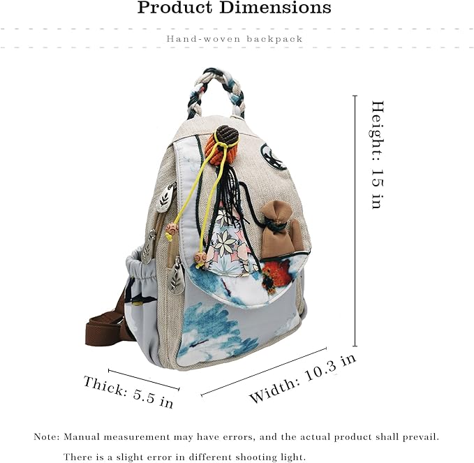 HUANGGUOSHU Women Cotton Woven Bohemian Hemp Boho Canvas Embroidery Multi Pocket Retro Cute Backpack Wallet Backpack(Maiden)
