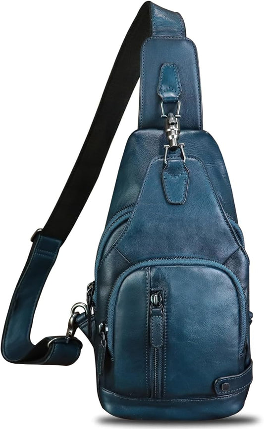 IVTG Genuine Leather Sling Bag Vintage Crossbody Shoulder Bag Handmade Casual Backpack Fanny Purse Chest Bag (NavyBlue)