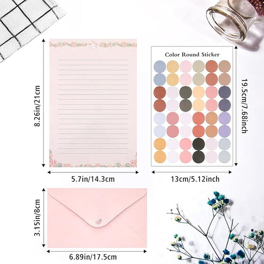 55 Pcs Stationery Paper Envelopes Set Includes 36 Lined Writing Stationery Paper & 18 Envelopes with 48 Colorful Round Dot Stickers, Cute Vintage Letter Writing and Stationery Paper Envelopes(6 Style)