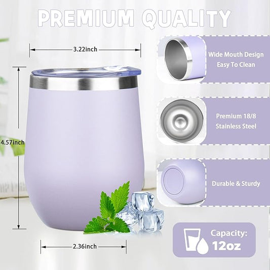 12oz/4 Pack Stainless Steel Wine Tumbler with Lid and Straw, Double Wall Vacuum Insulated Wine Tumbler Glasses, Stemless Travel Mugs for Hot and Cold Drinks, Coffee, Wine, Cocktails