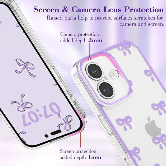 EYZUTAK Case for iPhone 16 Plus, Clear Cute Ribbon Bowknot Pattern Aesthetic Transparent Phone Case Raised Camera Protection Stylish Slim Soft Durable TPU Protective Cover for Women Girls - Purple