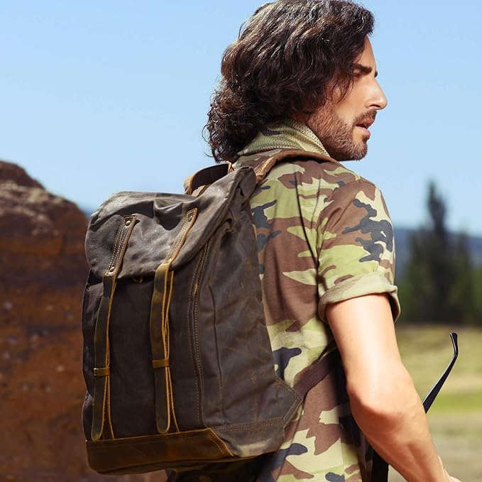 Waterproof Waxed Canvas Shoulder Rucksack Backpack for Men Women Casual Large 15.6 inch laptop Bookbag Brown