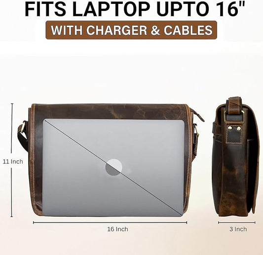 Leather Messenger Bag for Men 16" Full Grain Leather Laptop Bag Vintage Crossbody Office Satchel Travel Shoulder Bag
