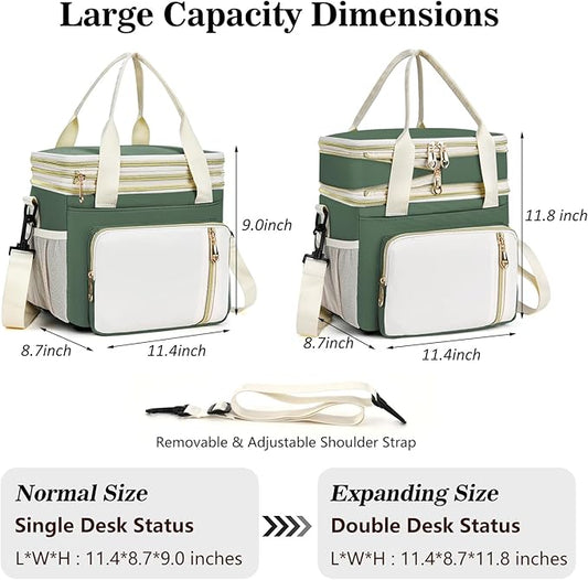 LOKASS Lunch Box for Women, 16L, Double Deck Expandable Insulated Lunch box For Adults/Women Thermal Large Waterproof Leakproof Cooler Bag with Shoulder Strap - Military Green