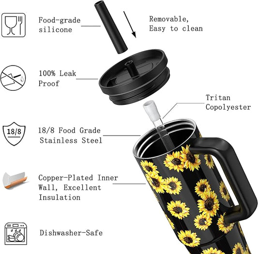 TILUCK 30 oz Tumbler with Handle, Vacuum Insulated Stainless Steel Travel Mug with 100% Leak-Proof Silicone Straw Lid, Cupholder Friendly Water Bottle(SunFlower, 30oz)