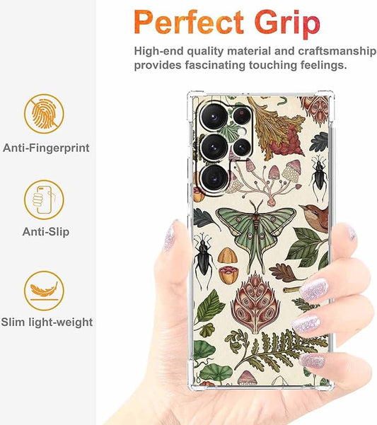 Case for Samsung Galaxy S23 Ultra with Botanical Art Design,Aesthetic Vintage Cottagecore Mushroom Moth Pattern,Trendy Soft TPU Bumper Phone Cover,6.8"(Moth,S23U)