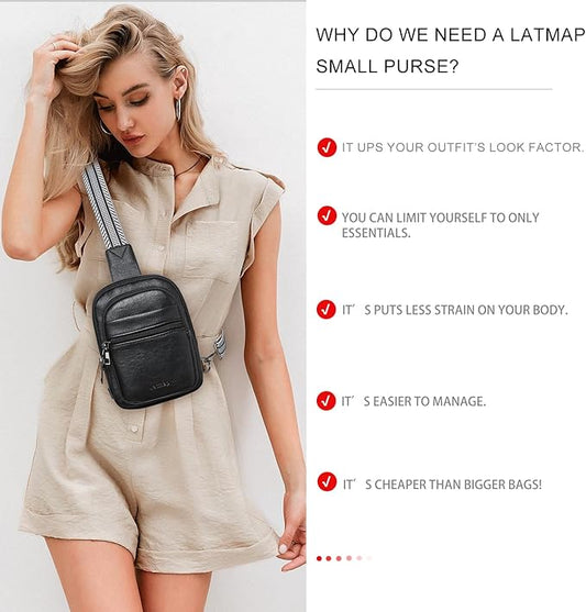 3L SMALL Sling Bag Fanny Packs For Women Men Mini Crossbody Chest Belt Travel Bag Purse Handbag Faux Leather Fashion Cute Black