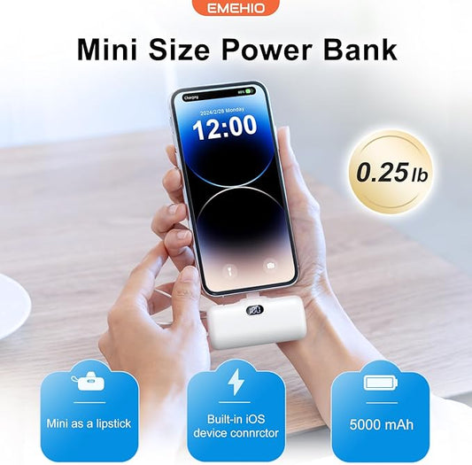 5000mAh Power Bank Mini Portable Charger with Lightning and USB-C Ports LCD Display Battery Pack Compatible with iPhone and Android Smartphone