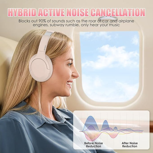 Active Noise Cancelling Headphones, Wireless Over Ear Bluetooth Headphones,100H Play Time Bluetooth Headphone with Microphone,Lightweight and Foldable Comfortable Deep Bass for Work/Gym Pink