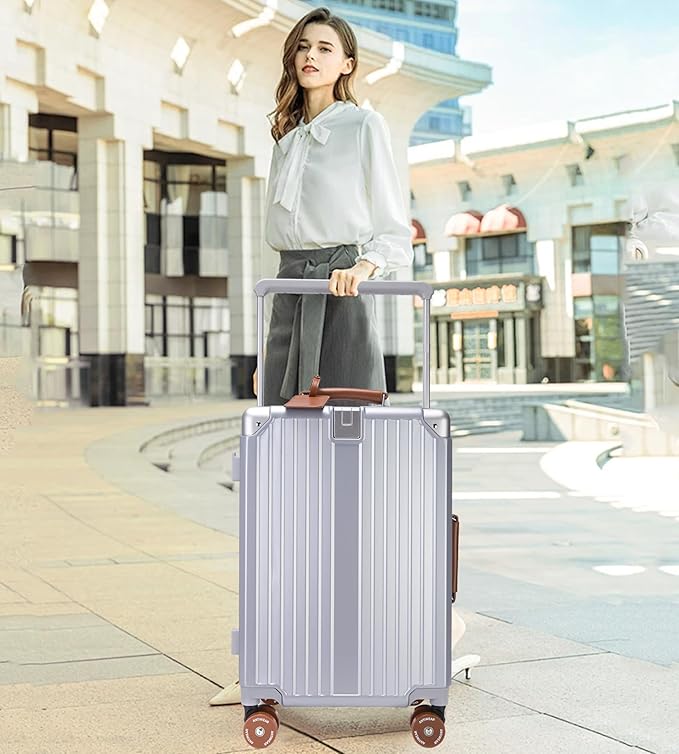 feilario 24in Aluminum Frame Wide Handle Hard Shell Carry On Suitcase - Vivid Colors Double Spinner Wheels Airline Approved Rolling Luggage with TSA Lock & Cup Holder (Silver, 24in)