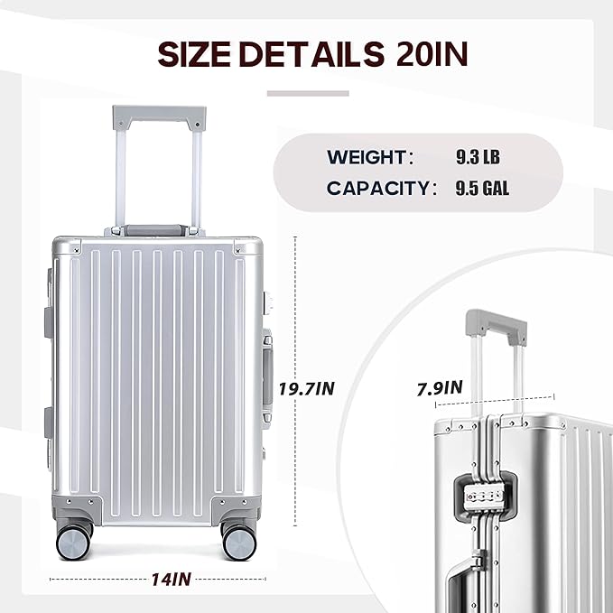 YYW All aluminum-magnesium Carry-On Luggage 20 Inch,Airline Approved Lightweight Suitcase with TSA Lock and Silent Wheels,Suitable for business travel (Silver, 20in)