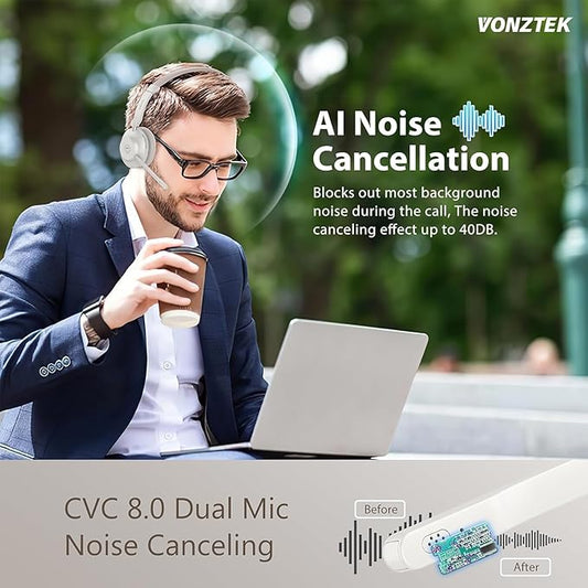 Bluetooth Headset, Wireless Headset with Dual Noise Canceling Microphone for Work &USB Dongle, QCC 5.2 Bluetooth Headphones with Mic Mute/Charge Dock for Computer Cell Phone Office Call Meetings Teams