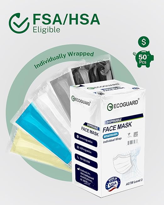 Disposable Face Masks Made in USA, 4 Ply for Families, Students, Breathable All-Day Wear & Safety, ASTM Level 3 Medical Grade, 50 Pack Individual Wrap, Colorful