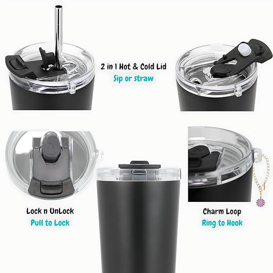 Drinco - 20 oz Stainless Steel Tumbler | Double Walled Vacuum Insulated Mug With Lid, 2 Straws, For Hot & Cold Drinks (20oz Black, 20oz)