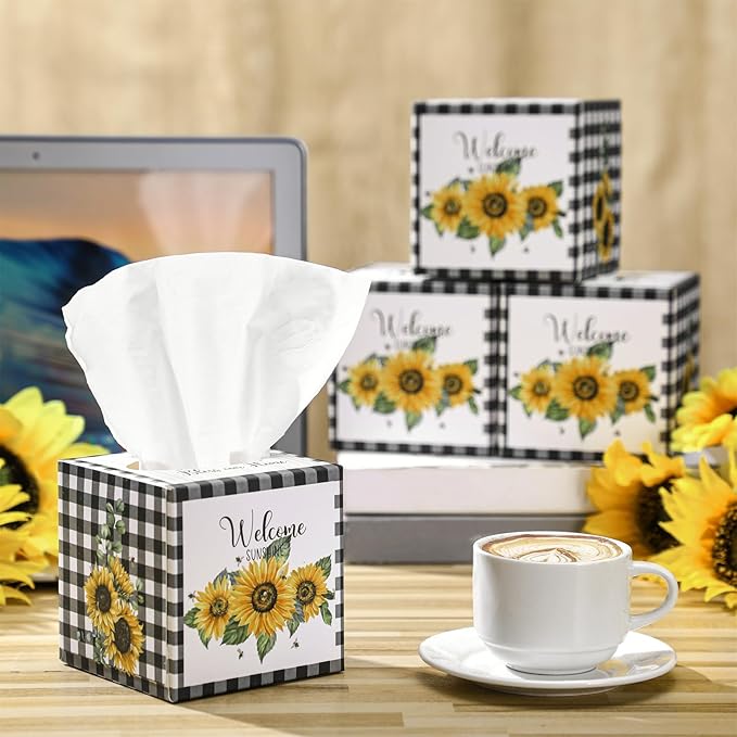 12 Pack Summer Sunflower Facial Tissues Cube Boxes 600 Sheets 3 Ply Small Black and White Plaid Sunflower Face Tissues Bulk for Summer Car Bedroom Supplies