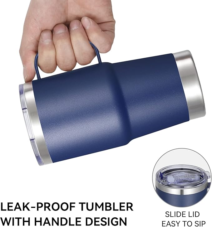 VEGOND 20 oz Tumbler with Handle Lid and Straw, Stainless Steel Insulated Travel Coffee Mug Spill Proof Double Wall Metal Tumbler Cup Keeps Drink Hot and Cold, Navy Blue 1 Pack