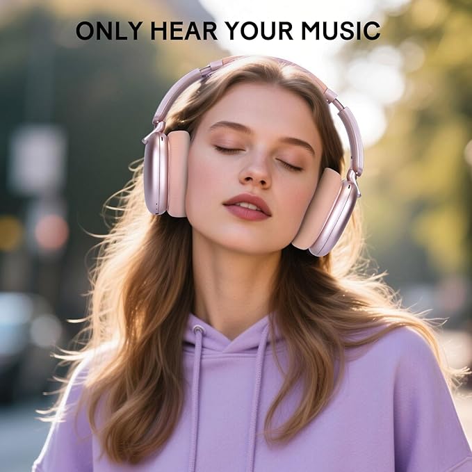 RORSOU C6 Active Noise Cancelling Headphones, Wireless Over Ear Bluetooth Headphones, 60H Playtime, Lightweight Folding Deep Bass Comfort Fit Ear Cups Headset with Mic for iPad/PC/Home Rose Gold