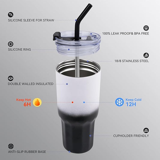 VEGOND 30 oz Insulated Stainless Steel Tumblers with lid and straw Bulk Pack Coffee Mug with Non-Slip Silicone Base, Sweat Proof Powder Coated Cup for Hot Cold Drinks, Black and White 4Pack