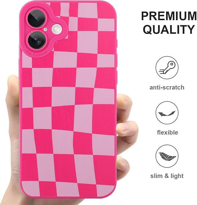 ZIYE for iPhone 16 Plus Case Hot Pink Grids Plaid Checkerboard Pattern Phone Case with Camera Protection,Soft TPU Silicone Rubber Protective Cover Grid Checkered Chess Design Cases