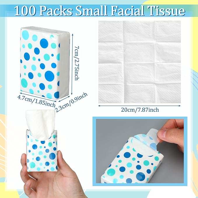 Therwen 100 Pack Pocket Tissues Travel Packs Bulk 1000 Sheet Mini Tissues Bulk 3 Ply Small Travel Size Paper Individual Pocket Size (Polka Dot)