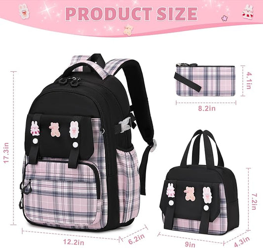 Backpack for Girls, Kids Girls Backpacks Set with Lunch Bag Pencil Case, Cute Bookbag Waterproof Backpack for Elementary Middle School, Black-Pink