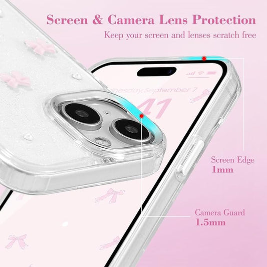 EYZUTAK Case for iPhone 15, Bling Glitter 3D Bowknot Phone Case Cute Sparkly Crystal Clear Bow Aesthetic Design Case Slim Soft Durable TPU Transparent Protective Cover for Women Girl - Pink Bow