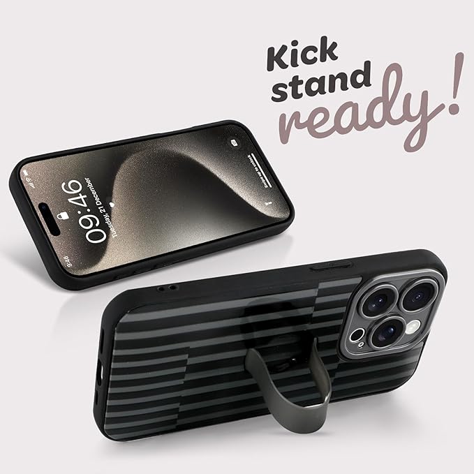 Compatible with iPhone 15 Pro Case with Finger Hand Strap Kickstand, Trendy Cool Striped Phone Case for Women Men, Full Camera Protection Shockproof Protective Cover, Black Stripes