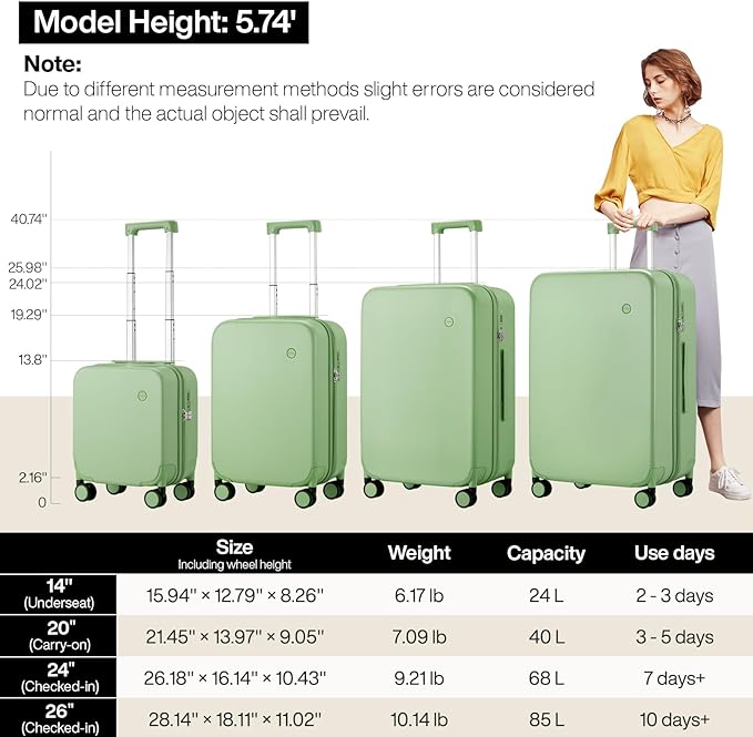 mixi Upgrade Carry on Luggage Suitcases with Spinner Wheels, Hardside Rolling Suitcase PC with TSA Lock Lightweight Travel Case 20in Carry-On, Fine Grid Avocado Green