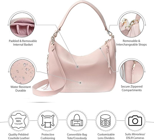 Meliae Camera Bag for Women, DSLR Mirrorless Camera Purse, Leather Shoulder Crossbody Hobo Travel Tote