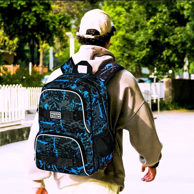 17 Inches Backpack for Boys Men, 3Pcs College Laptop Backpacks with Lunch Bag, Water Resistant Graffiti School Bookbag Set for Teens Students(Blue)