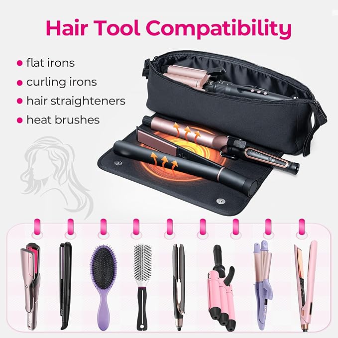 Hair Tools Travel Bag with Heat Resistant Mat - Hair Tool Organizer Case for Curling Iron, Straightener, Flat Iron & Hair Dryer Storage Pouch, Large Capacity Design Women Travel Essentials