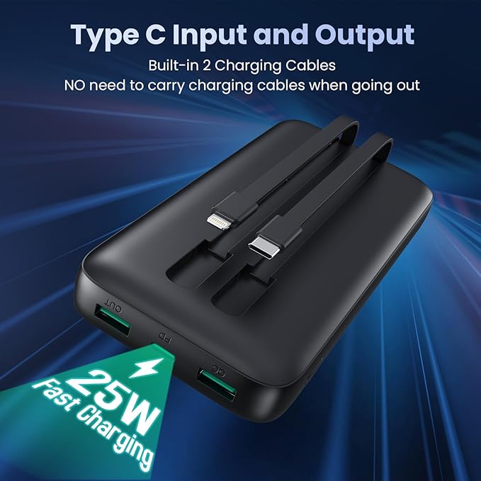 Portable Charger PowerBank 40,800mAh with 2 Built-in Cables,25W PD Fast Charging +QC 4.0 Quick Phone Charging Power Bank, 5 Outputs LCD Display USB C Battery Pack for iPhone 16/15 Android Galaxy etc