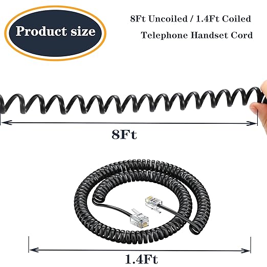 RJ9 4P4C Telephone Cord,Telephone Handset Cord,Coiled Wire 10 Pack 8Ft Uncoiled / 1.4Ft Coiled Landline Phone Handset Cable RJ9 4P4C Telephone Accessory -20 Pack