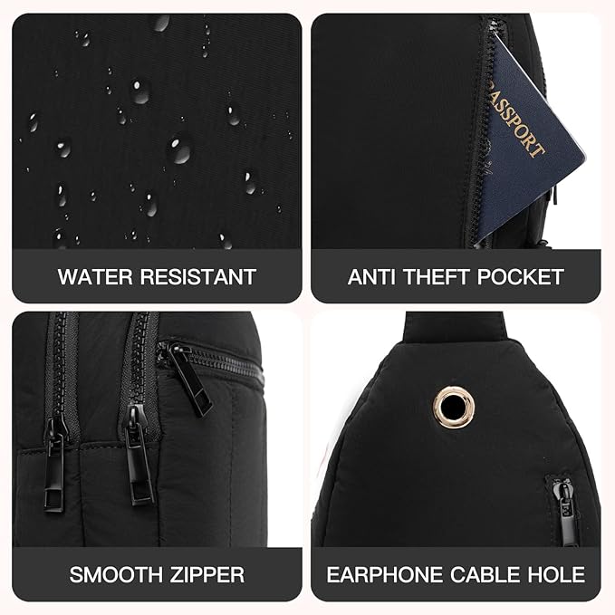 Quilted Puffer Crossbody Bags for Women Small Puffy Sling Bag Lightweight Cross Body Bubble Purse Shoulder Bag for Travel (Black)