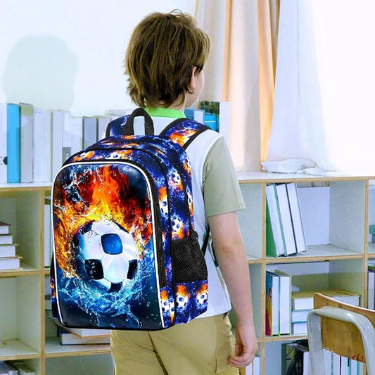 17" Soccer Backpack for Boys, Kids Bookbag with Lunch Box, 3Pcs Football School Backpacks for Elementary Preschool Kindergarten (Fire and Ice)