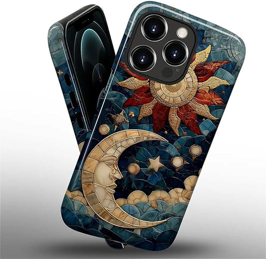 Case for iPhone 12 Pro Max Case,Sun Moon Stars Faux Stained Glass Design Hybrid Dual Protection Silicone + Hard PC Shockproof Full Body Cover,Slim Anti-Scratch Protective for Men Women