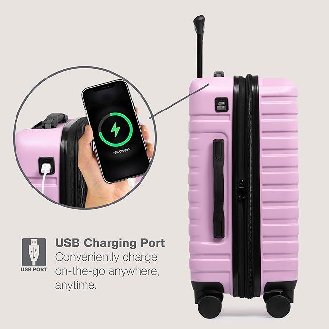 U.S. Traveler Boren Polycarbonate Hardside Rugged Travel Suitcase Luggage with 8 Spinner Wheels, Aluminum Handle, Lavender, 3-Piece Set, USB Port in Carry-On