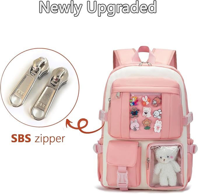 Kawaii Backpack for Teen Girls, Cute Aesthetic High Middle School College Bookbag with Accessories,Pink Beige